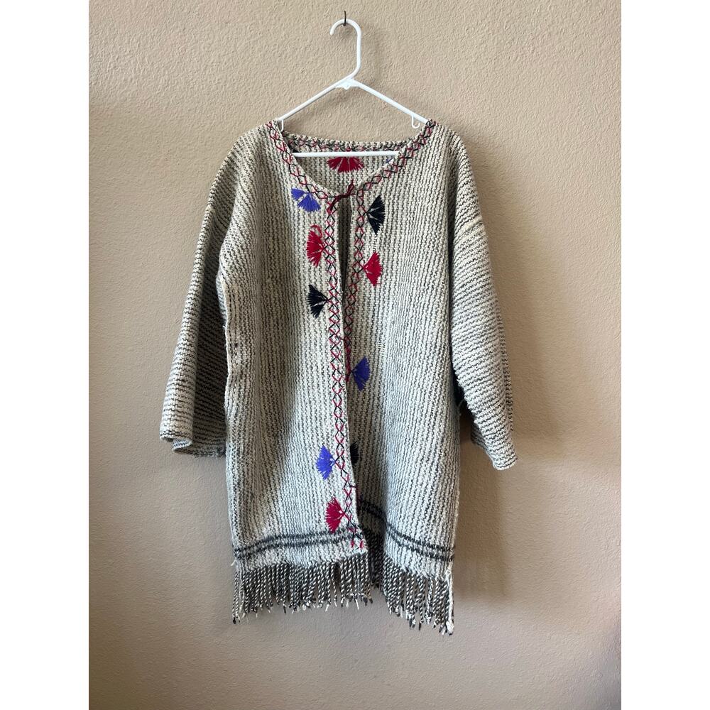 Vintage wool tie front fringe tribal poncho jacket size L